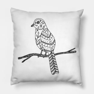 Black and White Bird on a Branch Doodle Drawing Pillow