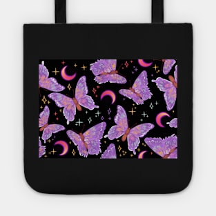 Iridescent Whimsigoth Purple Butterflies on Black with Neon Moons Tote