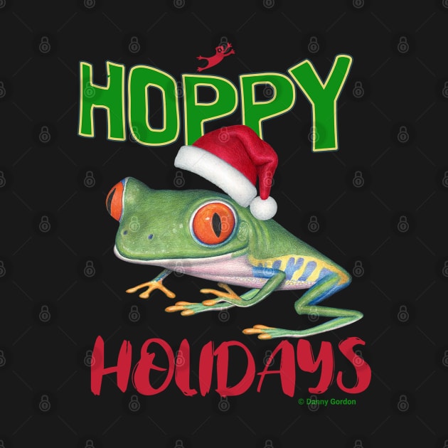 Cute Red Eyed Tree Frog on a Merry Christmas Hoppy Holidays Frog by Danny Gordon Art