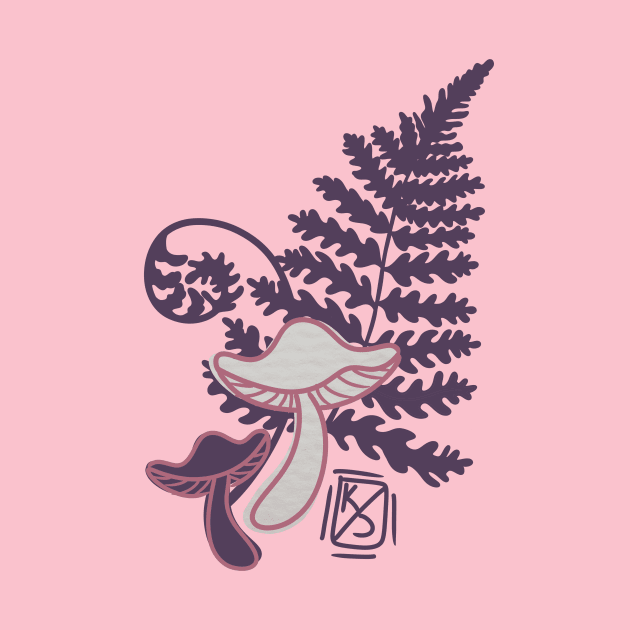 Pink Mushroom and Fern by Pastel.Punkk