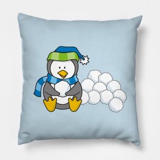 Little Penguin Sitting with Snow Balls Pillow