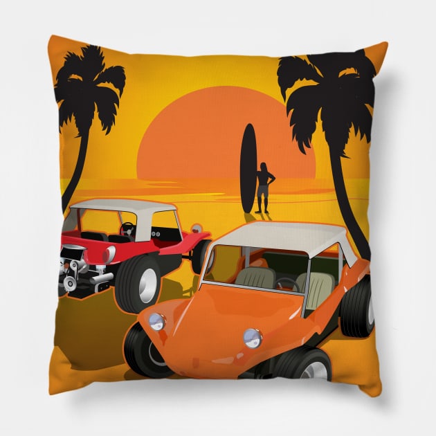 Dune Buggy  Front and Back with Sunset and Surfer Dune Buggies Pillow by PauHanaDesign