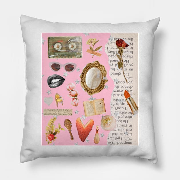 Vintage Old Money Aesthetic Collage Print Barbie Pink Pillow by madiwestdal