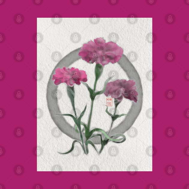 zen circle with sumiE watercolor pink carnations by cuisinecat