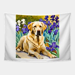 Labrador Retriever Amongst Blue Irises Tapestry