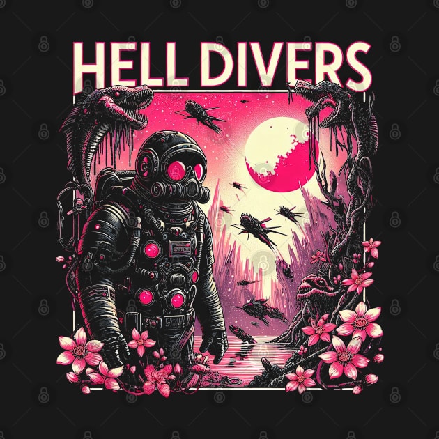 A graphic showing Helldivers exploring an extraterrestrial world with surrounding strange plants and animals rising - fantasy by StyleTops