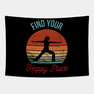 Find Your Happy Place: Inspirational Yoga Silhouette Against a Retro Sunset Tapestry