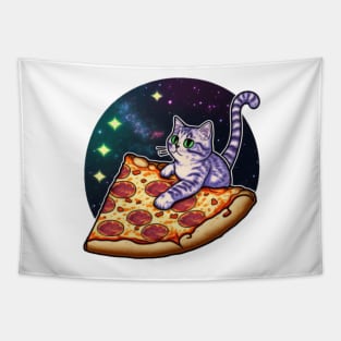 A cat riding a slice of pizza in space Tapestry