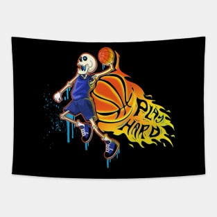 Play Hard Retro Slam Dunk Skull Basketball Tapestry