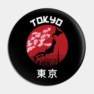 Tokyo Japan Kanji with City Skyline and Cherry Blossoms Pin