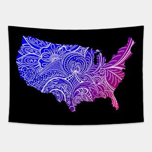 Colorful mandala art map of the United States of America in blue and violet Tapestry