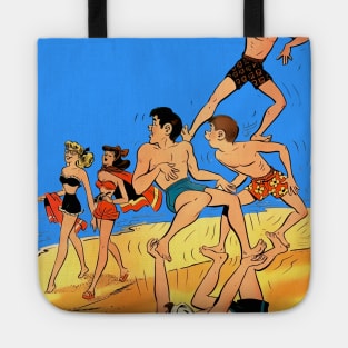 sporty boys playing on the beach by the sea see two beautiful pin up girls Tote