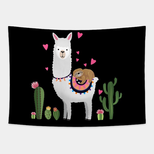 Sloth Riding Llama Valentines Day Hearts Love Shirt Tapestry by Rozel Clothing