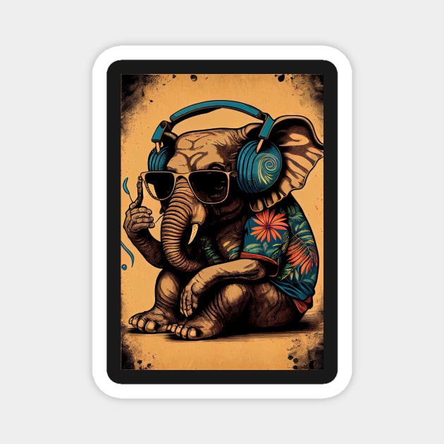 Psychedelic Elephant wearing headphones, sunglasses, and Hawaiian shirt Magnet by dholzric