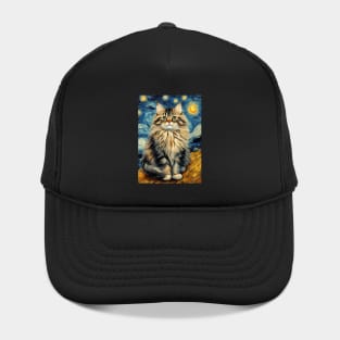 Adorable Siberian Cat Breed Painting in a Van Gogh Starry Night Art Style Hat