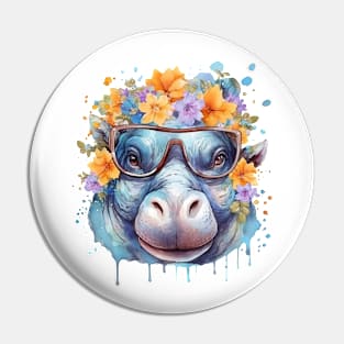 Watercolor Floral Hippo Pin