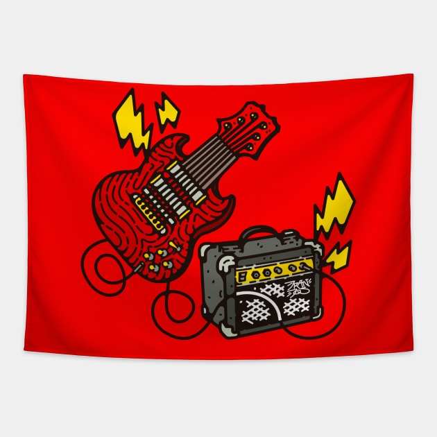 Guitar and amplifier Cartoon Tapestry by Franjos