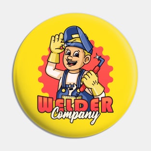 Welder Company, a male cartoon retro mascot using workshop welding equipment Pin