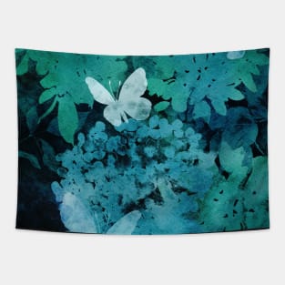 Butterflies and Hydrangeas Negative Painting Green Tapestry