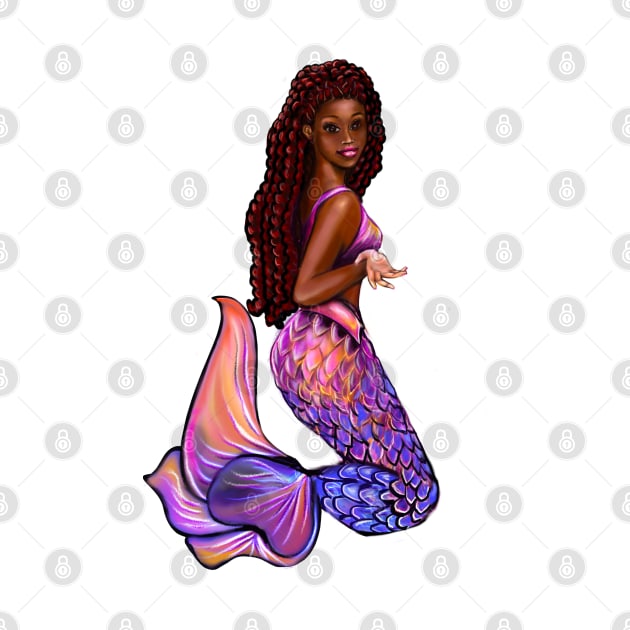 mermaid with flowing red locs,   Afro hair and caramel brown skin. Black mermaid by Artonmytee