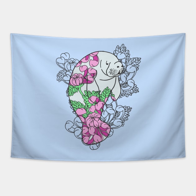 Floral Manatee Tapestry by natelledrawsstuff