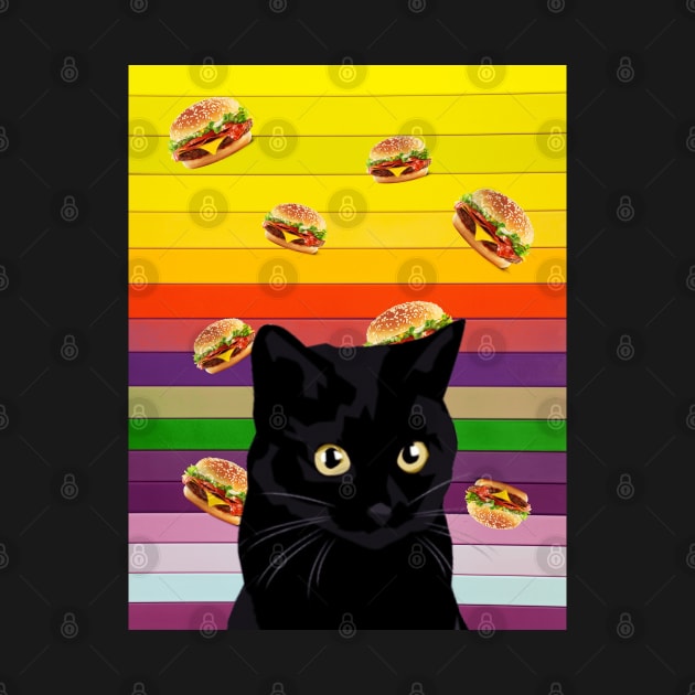Black cat and burgers, Black cat collage art by reesea
