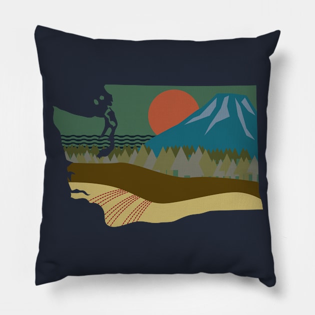 Washington State Silhouette Nature Scene with Mt. Rainier Pillow by SeaLAD