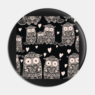 Folk Art Owls, Owlets and Hearts on Black Pin