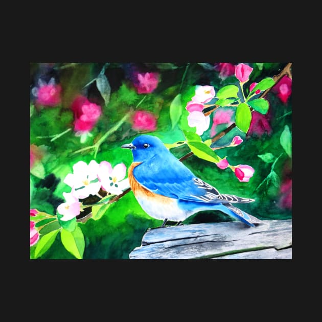 Eastern Bluebird in Blossoms Watercolor Painting by julyperson