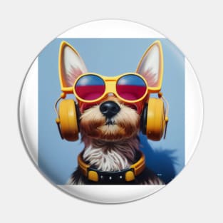 Yorkie Terrier Wearing Yellow Glasses and Headphones Pin
