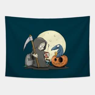 Cute Grim Reaper With Coffee Halloween Tapestry