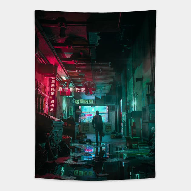 Neon-alley Tapestry by skiegraphicstudio