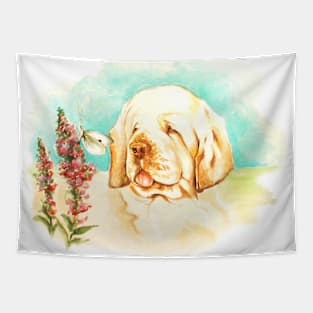 Clumber Spaniel, Watercolour painting. Tapestry