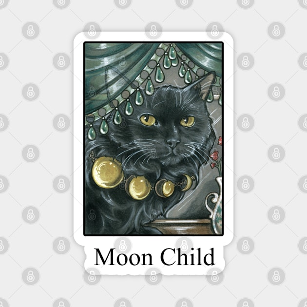 Black Cat - Moon Phases Necklace - Moon Child - Black Outlined Version Magnet by Nat Ewert Art