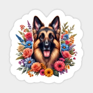 A German shepherd decorated with beautiful colorful flowers. Magnet