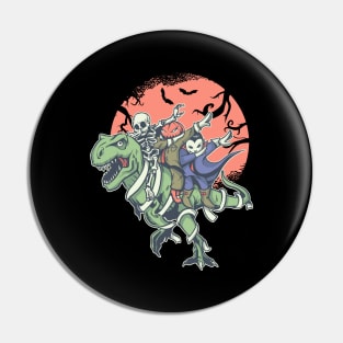 Funny Dabbing Boys Skeleton Pumpkin riding a T Rex Pin