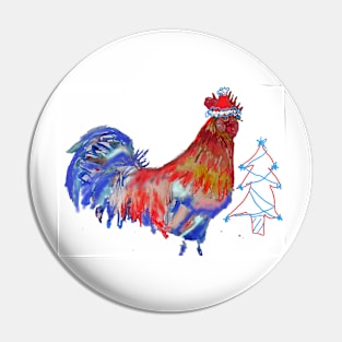 Christmas Rooster Watercolor Painting Pin