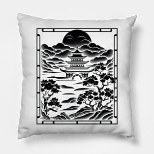 Eternal Serenity: A Monochrome Japanese Landscape Pillow