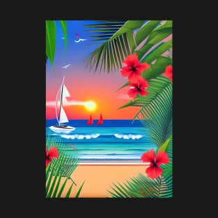 Tropical Sunset Beach Scene T-Shirt