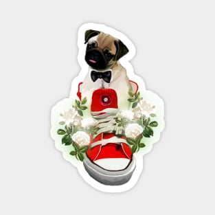 Cute little pug in a shoe with flowers Magnet