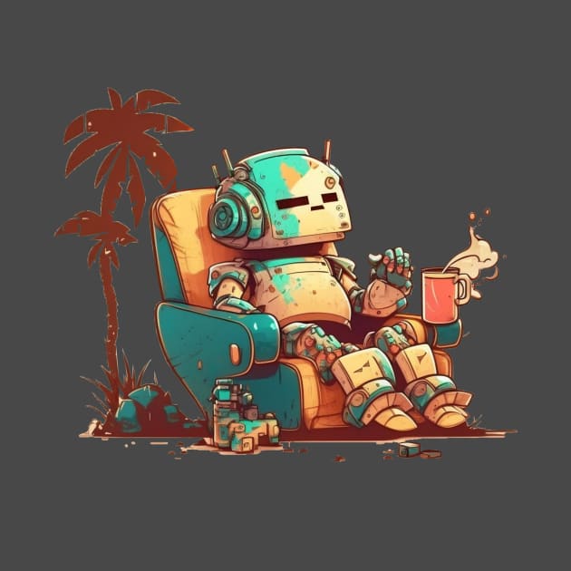 An old robot get comfy with a cup od coffe no background by Kamila's Ideas