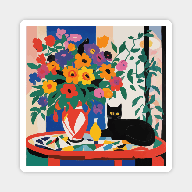 Black Cat Modern Still Life Painting Flowers in Red and White Geometric Vase Magnet by bragova