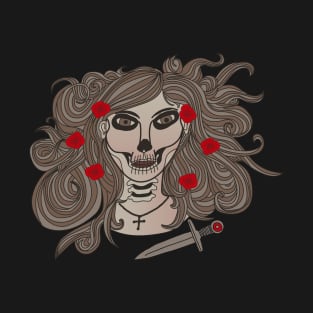 Hand Drawn La Catrina With Cross, Dagger And Roses (Light) T-Shirt