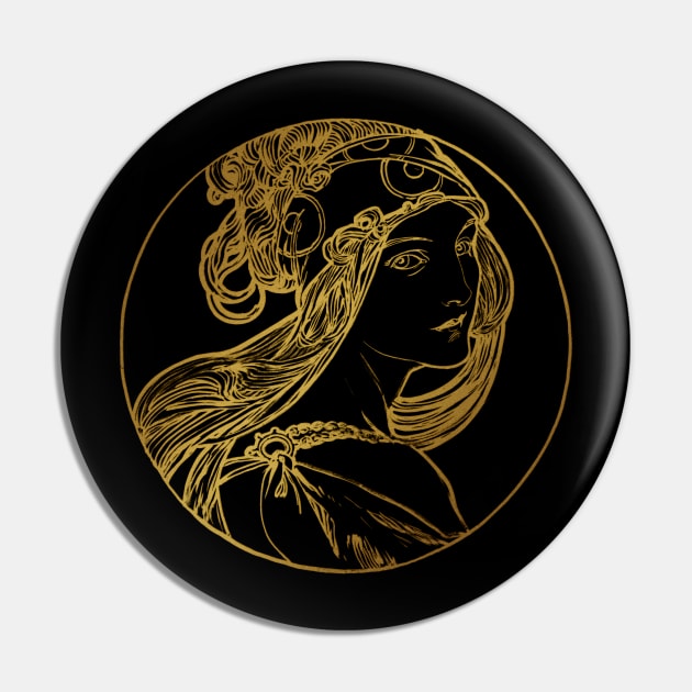 Art nouveau gold silhouette lady Pin by Allbestshirts