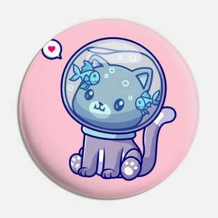 Cute Cat With Aquarium Fish Helmet Cartoon Pin