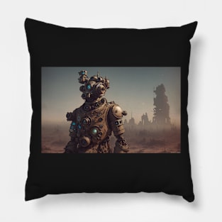 Steampunk style robot in post apocalyptic wasteland Pillow