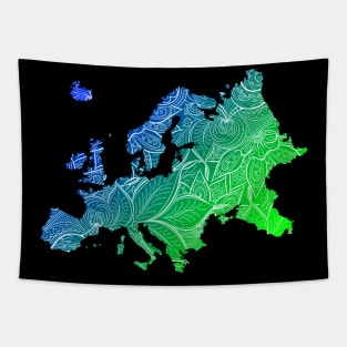 Colorful mandala art map of Europe with text in blue and green Tapestry