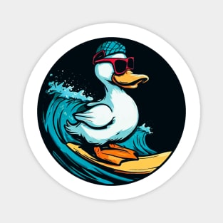 a cool white duck surfing while wearing red sunglasses Magnet