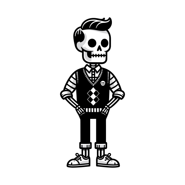 Minimalist Preppy Skeleton - Black and White Cartoon by Quirk Print Studios 