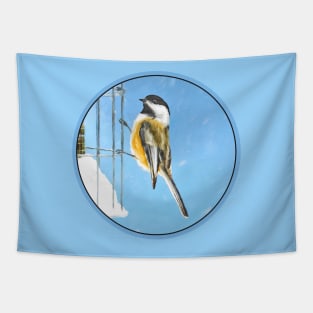 Chickadee on Feeder Tapestry